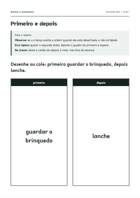 Folha do domínio Rotina: o quadro Primeiro e depois, com dois campos lado a lado