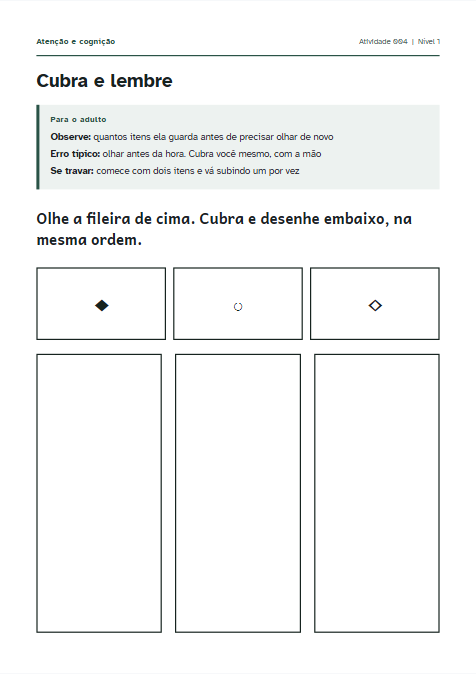 Folha do domínio Atenção e cognição: a atividade Cubra e lembre, com uma fileira de símbolos para memorizar