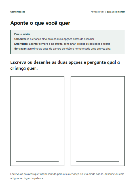Folha em branco do material: a mesma atividade, com os espaços vazios para o adulto escrever as palavras da criança